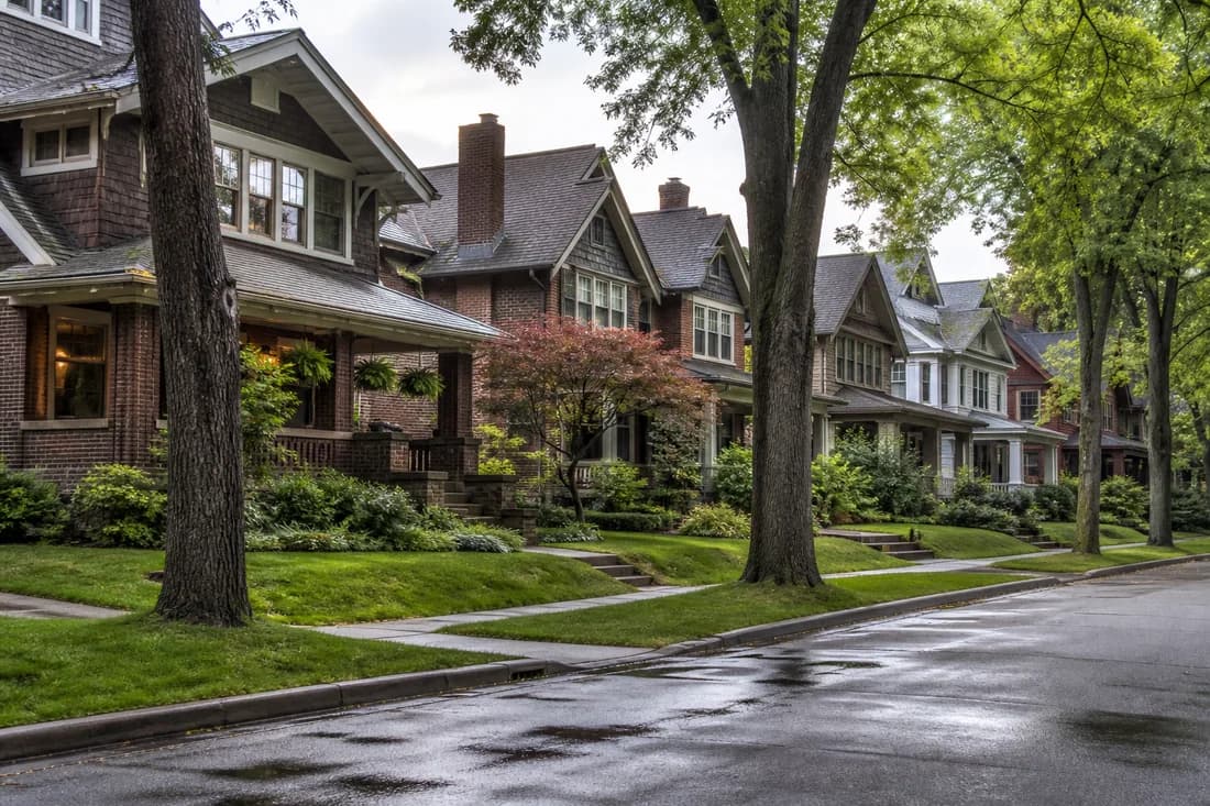 Historic Cleveland Heights street with Arts and Crafts homes and mature trees
