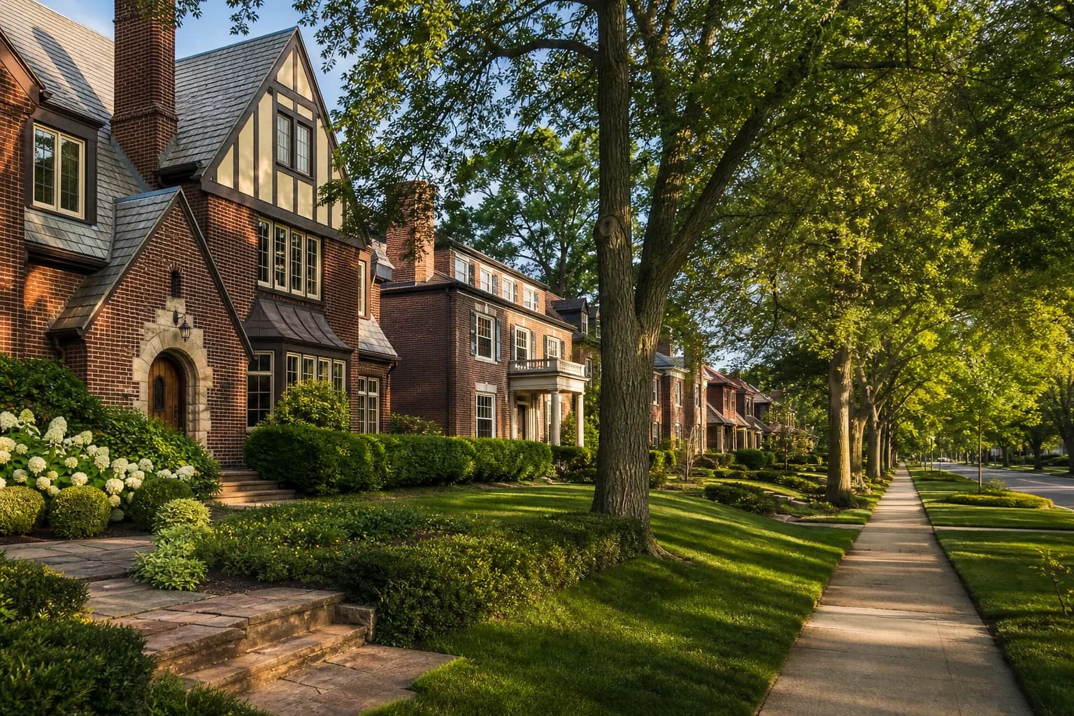 Tree-lined Shaker Heights neighborhood with historic brick homes