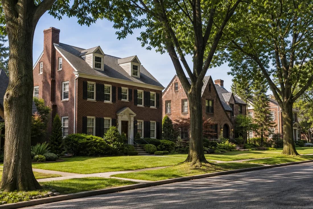 University Heights residential street with classic brick Colonial homes