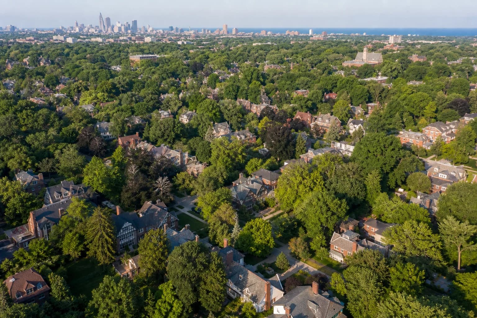 Aerial view over the leafy residential neighborhoods of eastern Greater Cleveland