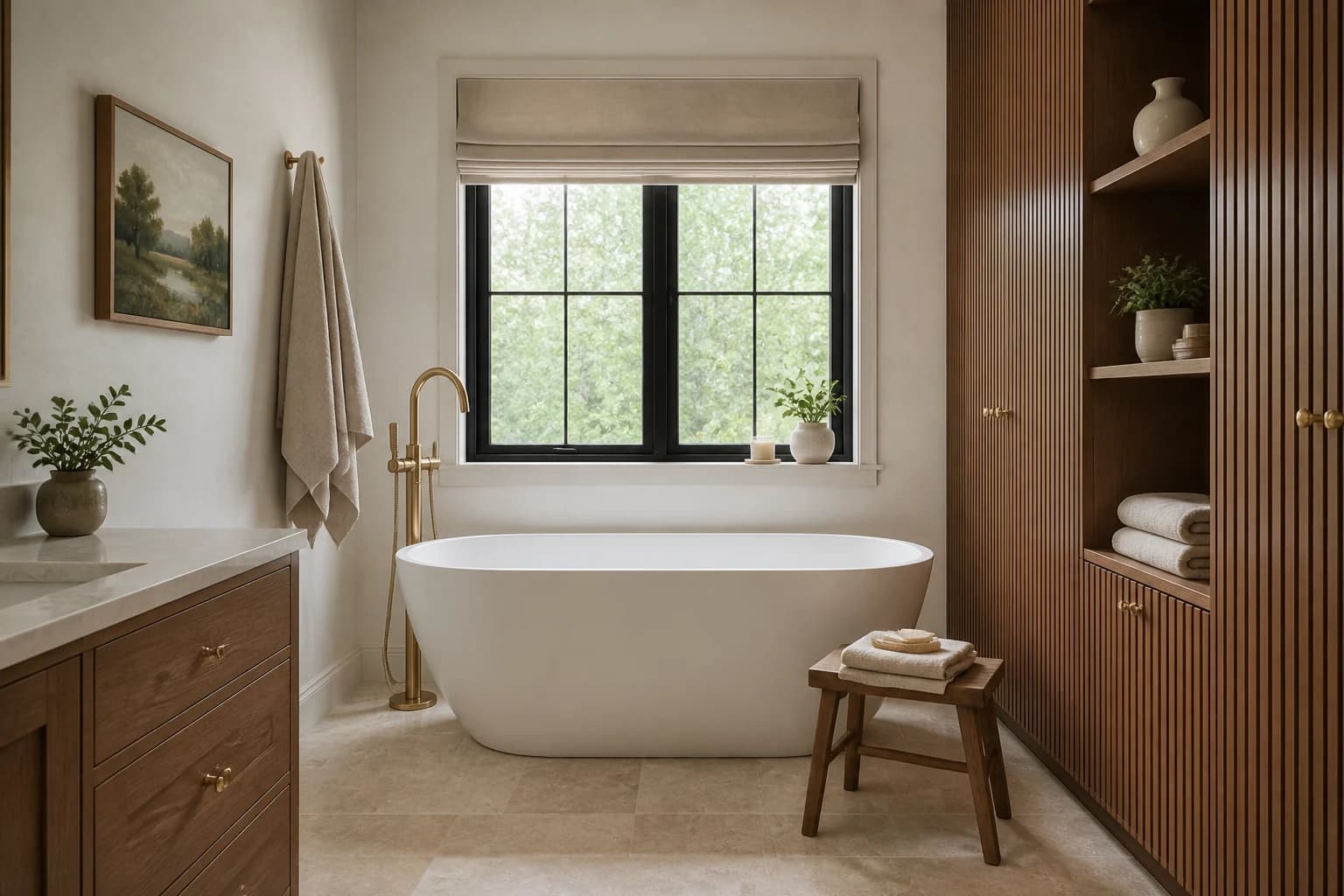 Completed Shaker Heights bathroom with freestanding tub