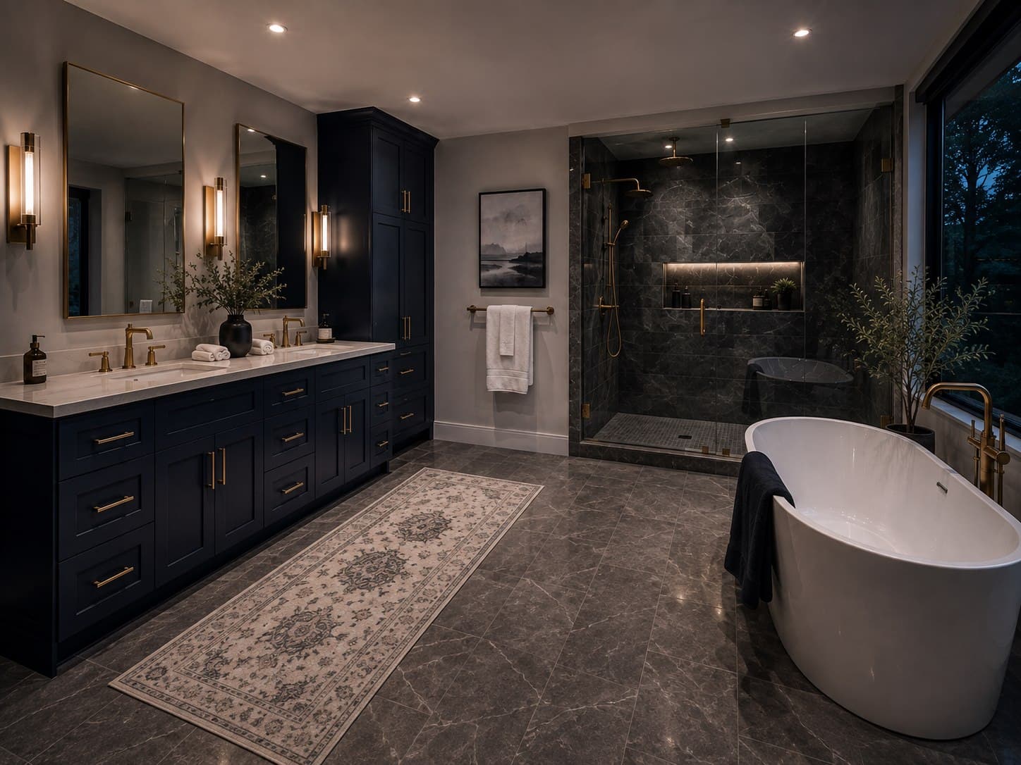Completed navy bathroom remodel with a walk-in shower and freestanding tub