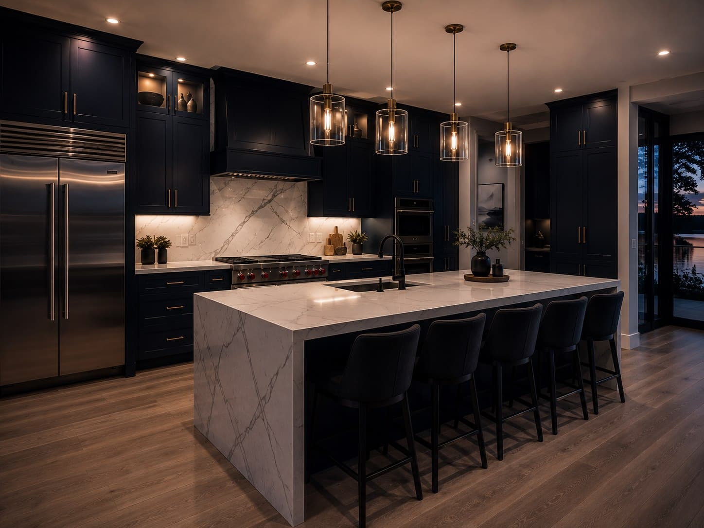 Completed navy kitchen remodel with marble island and warm brass lighting