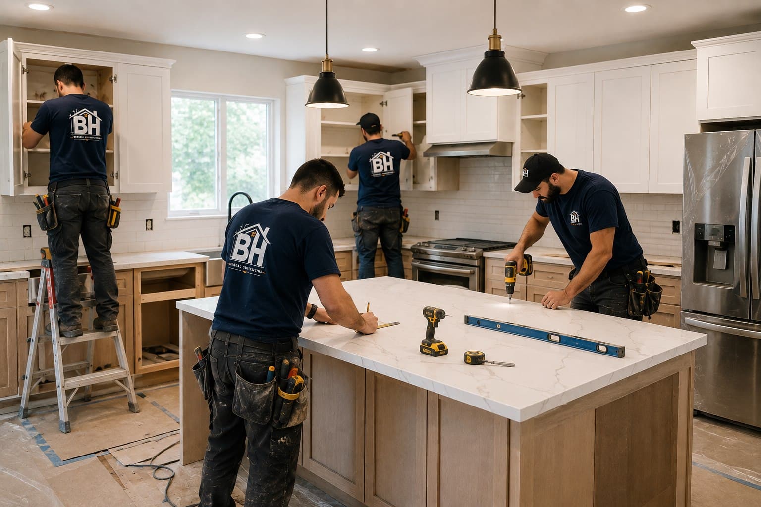 BH General Contractor crew installing cabinetry and surfaces during a kitchen remodel