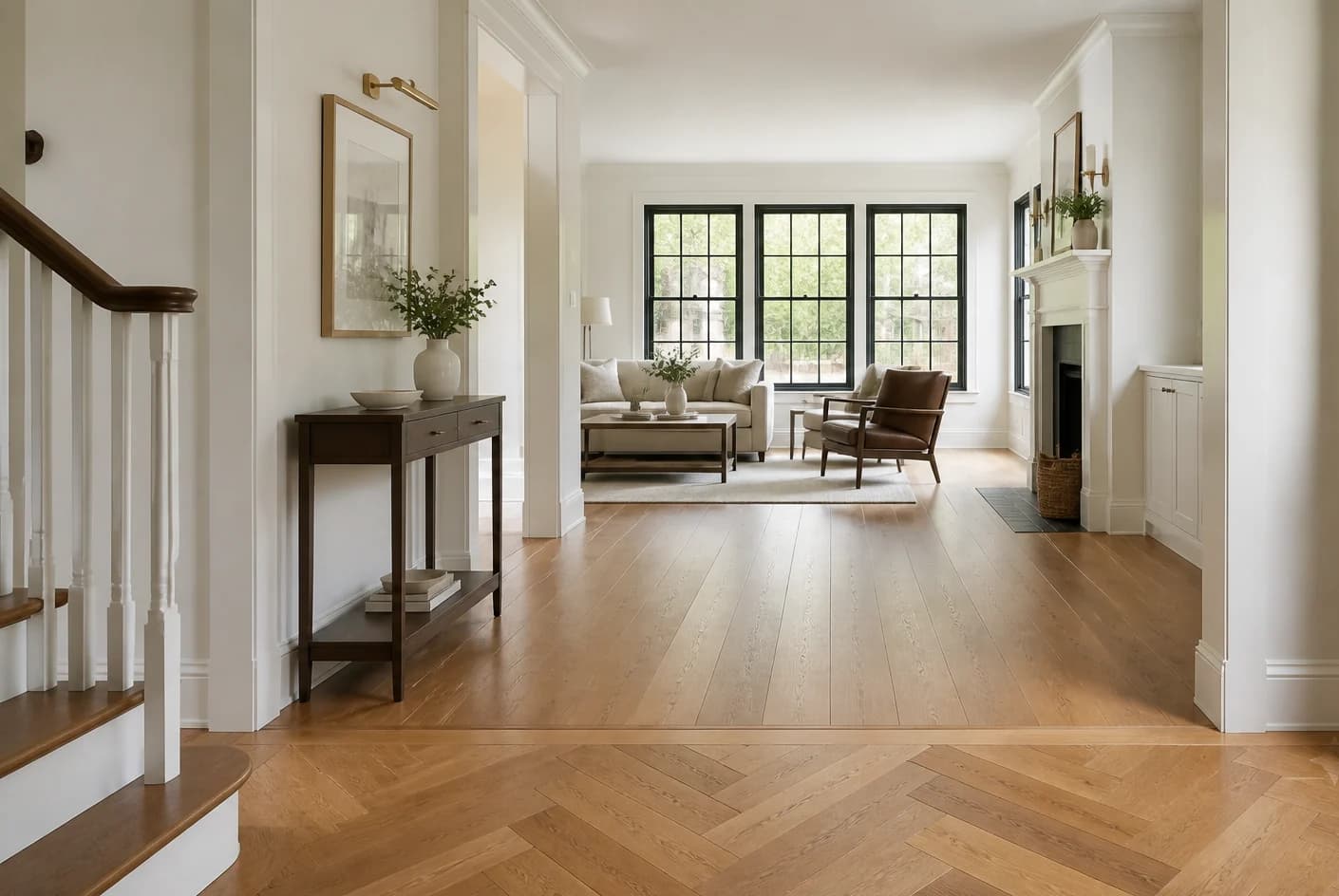 White oak herringbone flooring installed in a Shaker Heights entry