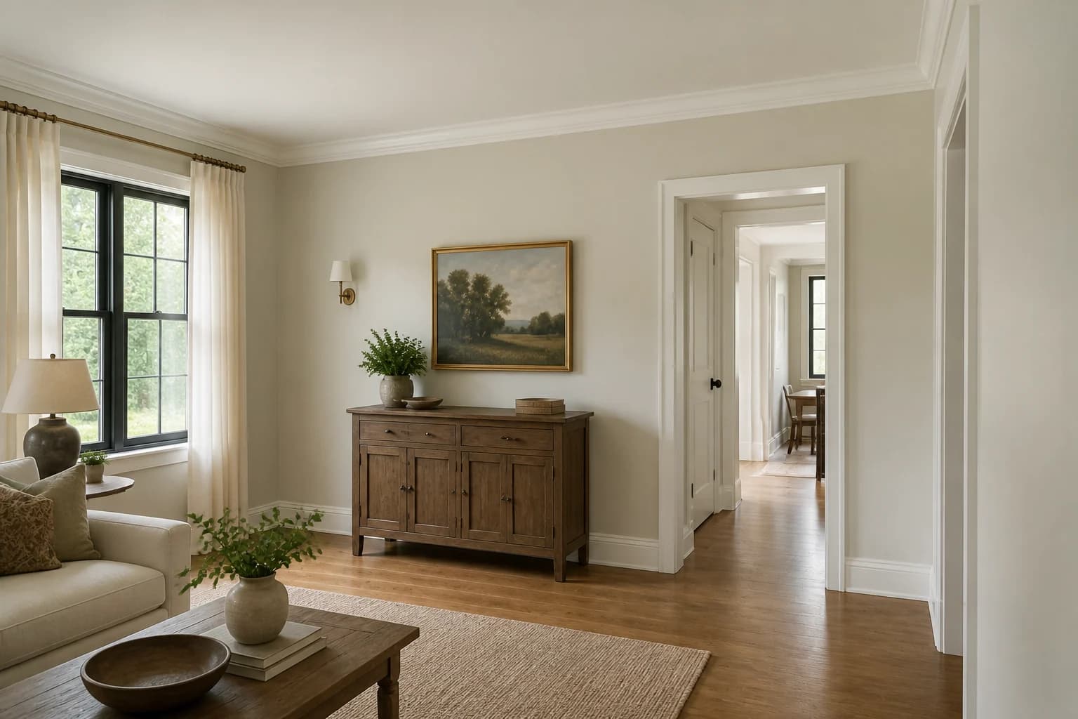 Warm neutral interior painting with crisp white trim in Shaker Heights