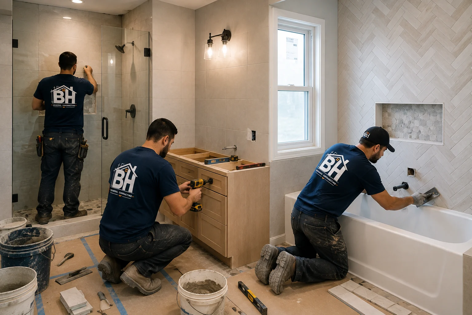 Three BH General Contractor team members installing a shower, vanity and bathtub tile