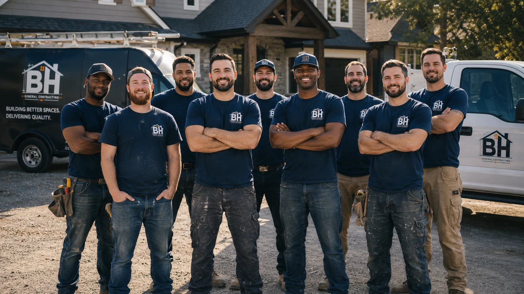 BH General Contractor crew standing outside a home with company vehicles