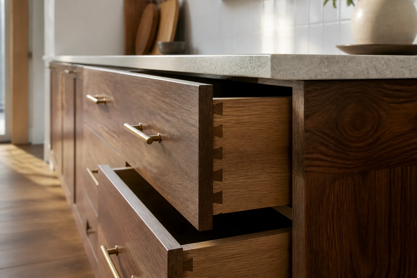 Walnut cabinetry with dovetail joinery and brass hardware