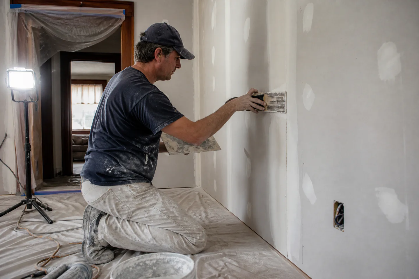 Careful drywall joint finishing in a protected home