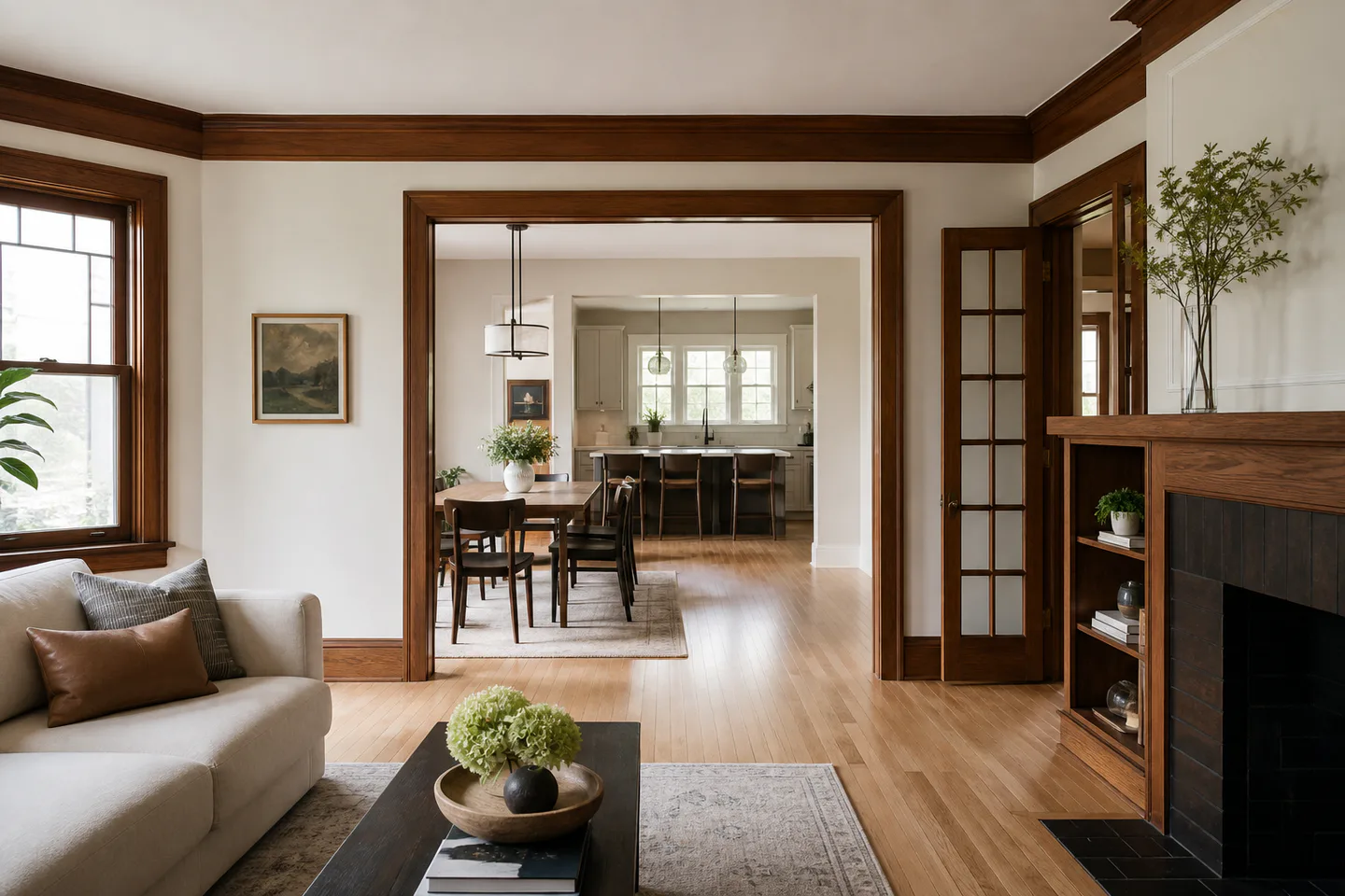 Coordinated multi-room interior with continuous oak floors