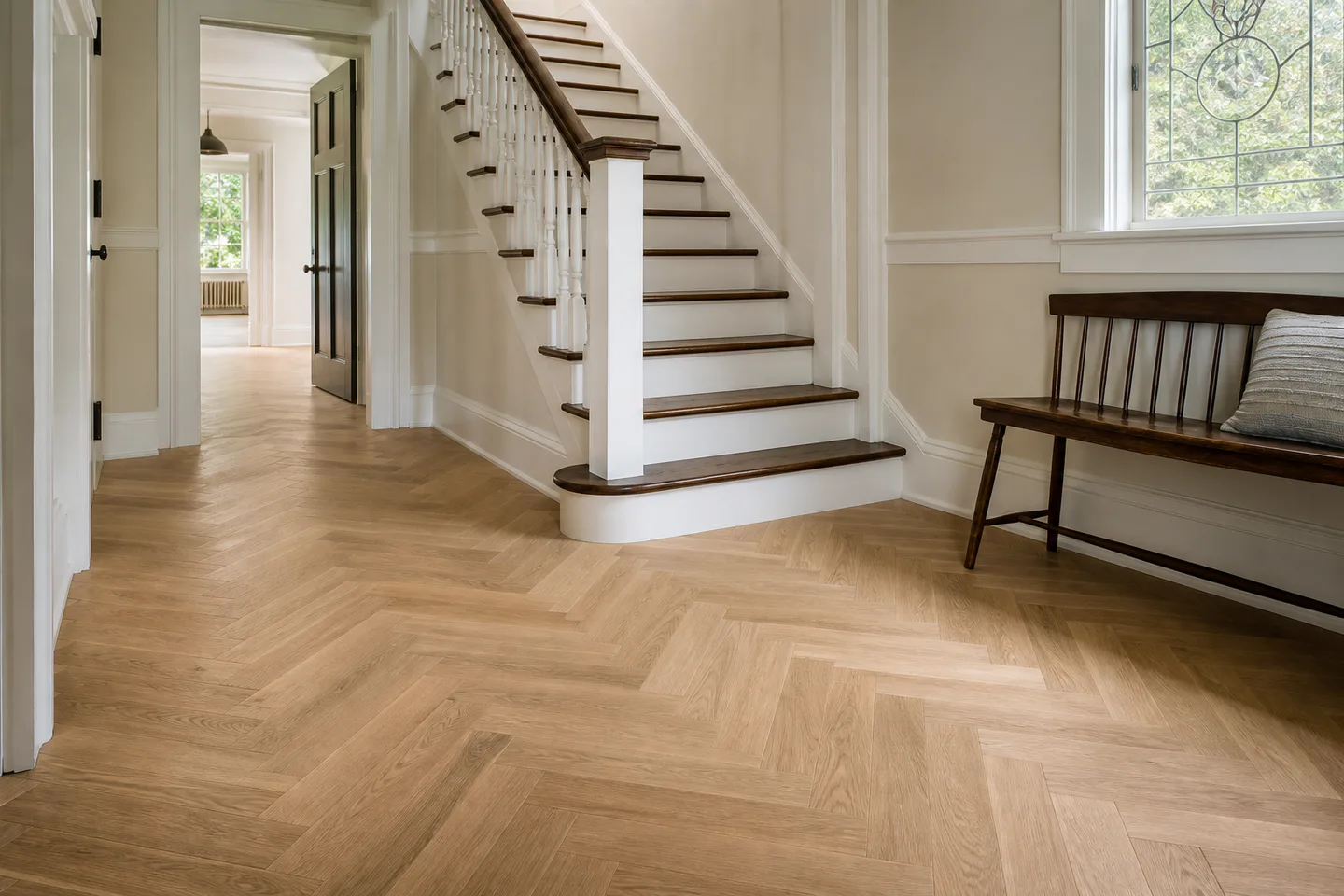 Restored entry with herringbone white oak flooring