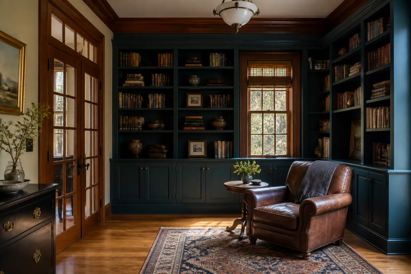 Deep blue-green built-in library with restored woodwork