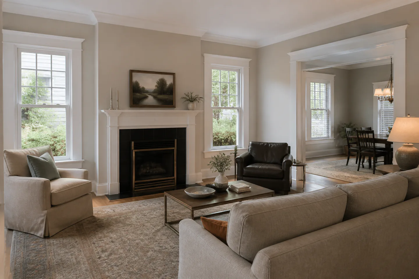 Warm neutral living room with restored historic trim