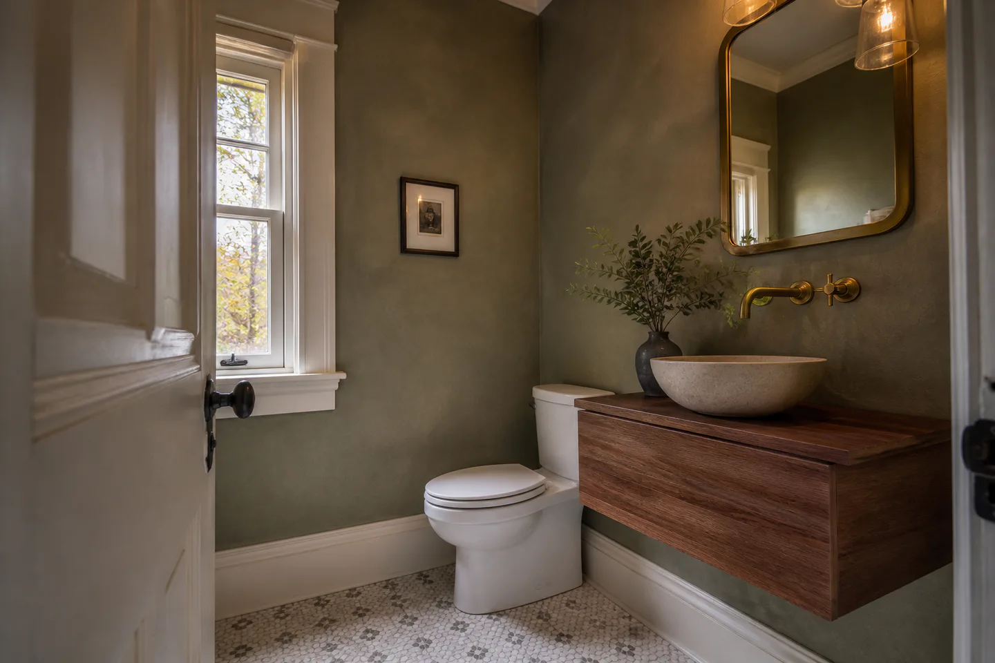 Olive and walnut powder room with brass fixtures