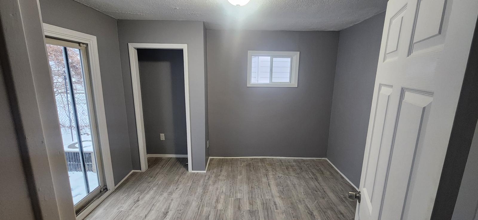 Finished lower-level room with gray walls and wood-look flooring