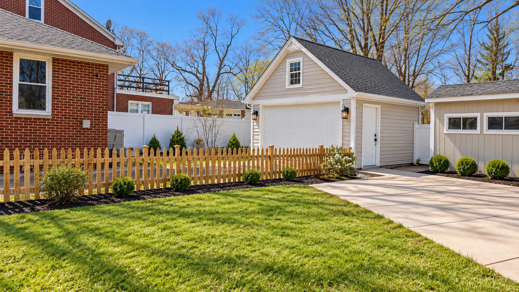 Backyard with a wood fence, green lawn and driveway beside the garage in Bedford, Ohio