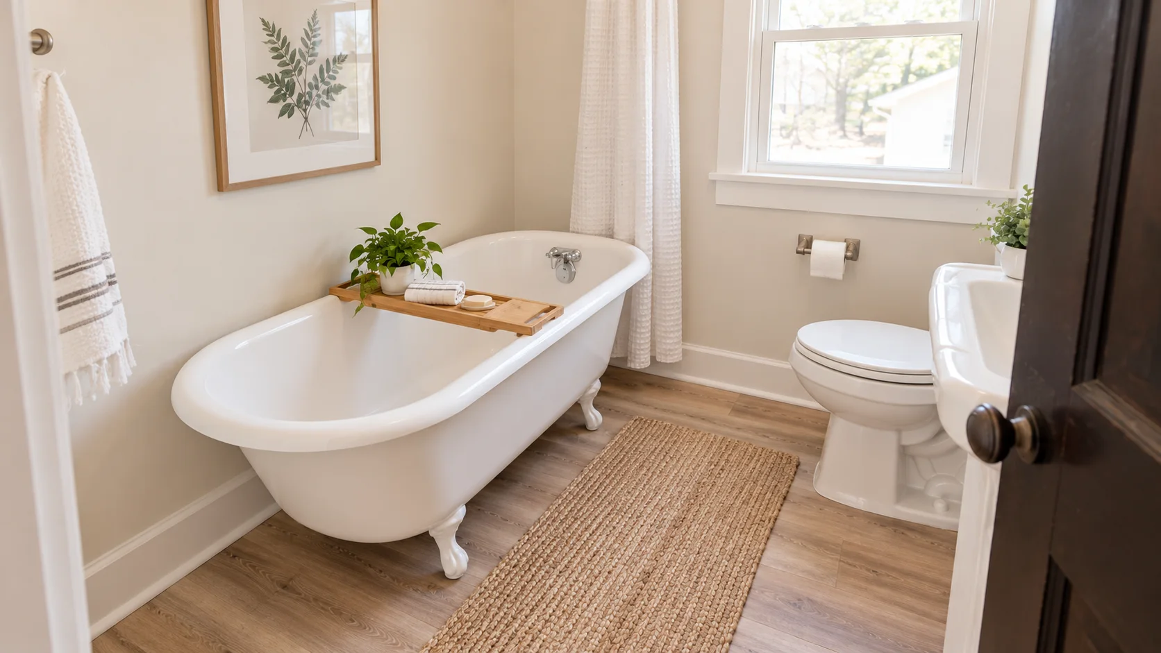Freestanding bathtub beneath a window beside a white bathroom vanity in Bedford, Ohio