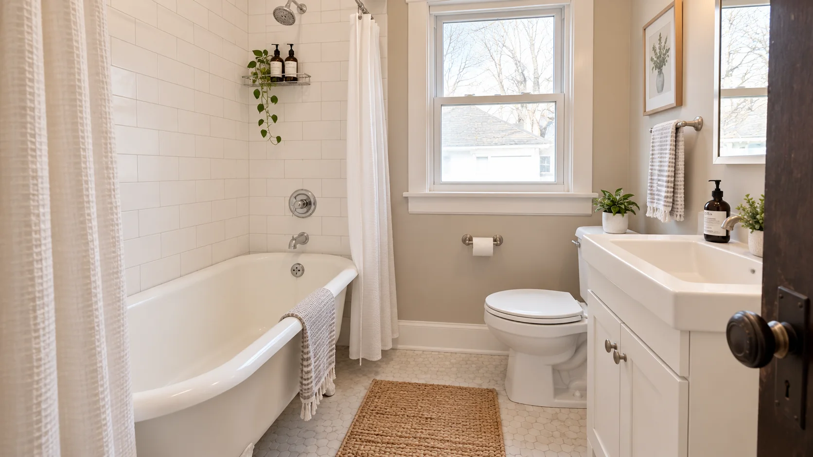 Bathroom with a freestanding tub, white vanity and wall sconces in Bedford, Ohio