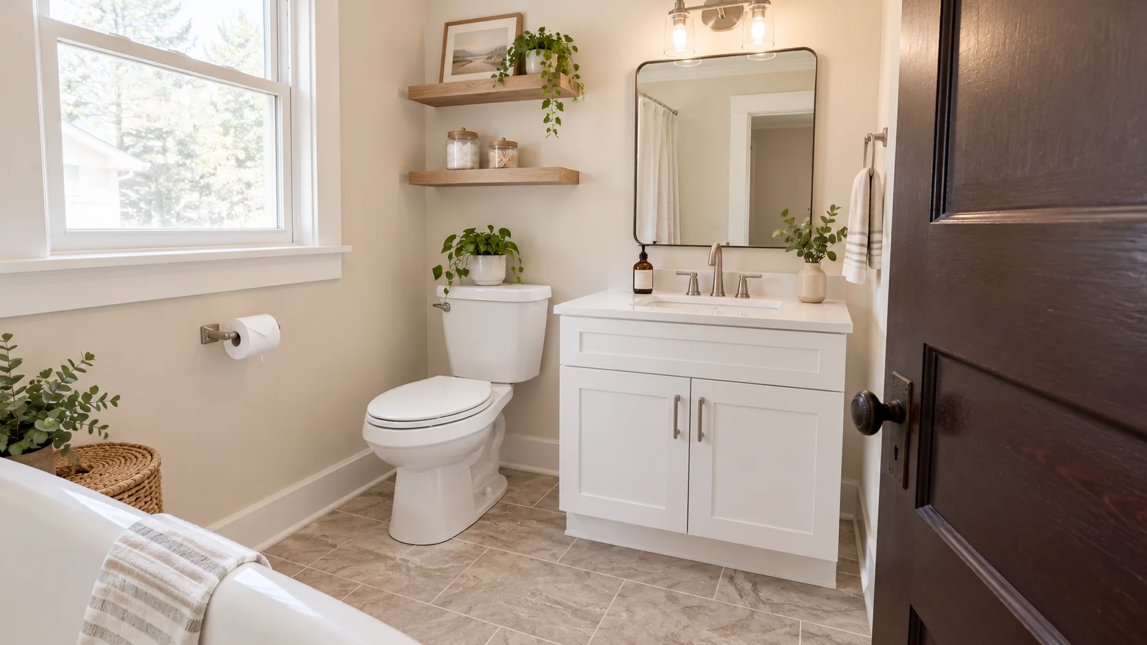 Bathroom with a white vanity, open wood shelving and patterned floor tile in Bedford, Ohio