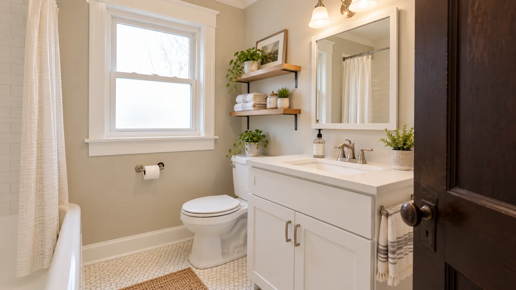 White bathroom vanity with a mirror, shelving and brushed metal fixtures in Bedford, Ohio