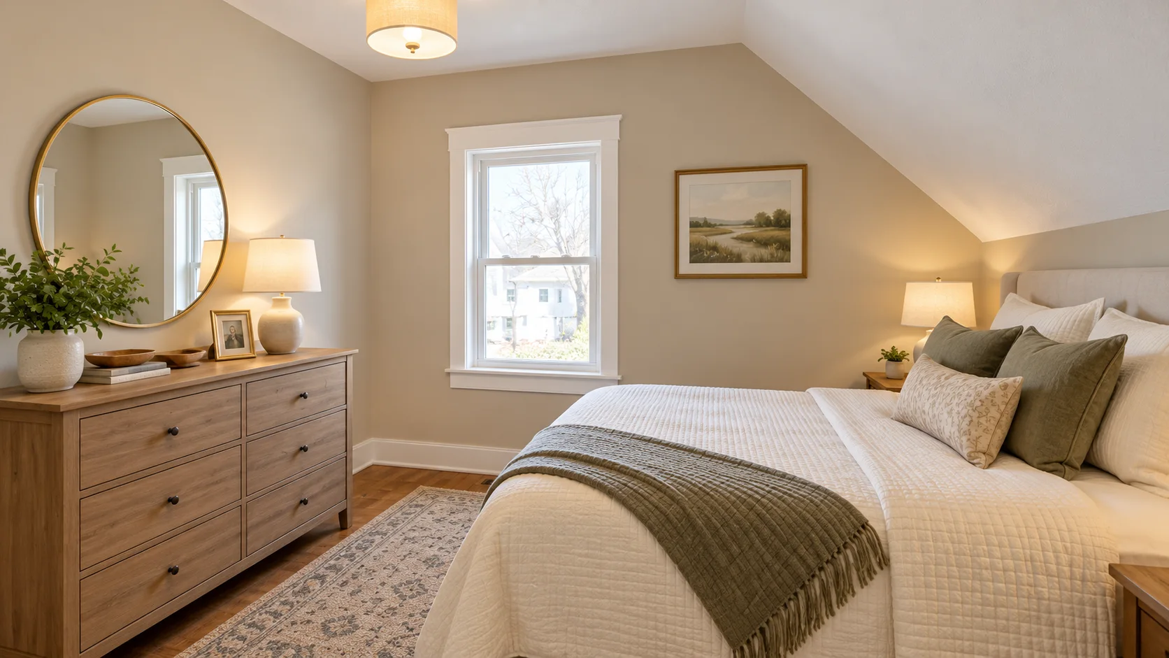 Bedroom with neutral walls, wood flooring and a wood dresser in Bedford, Ohio