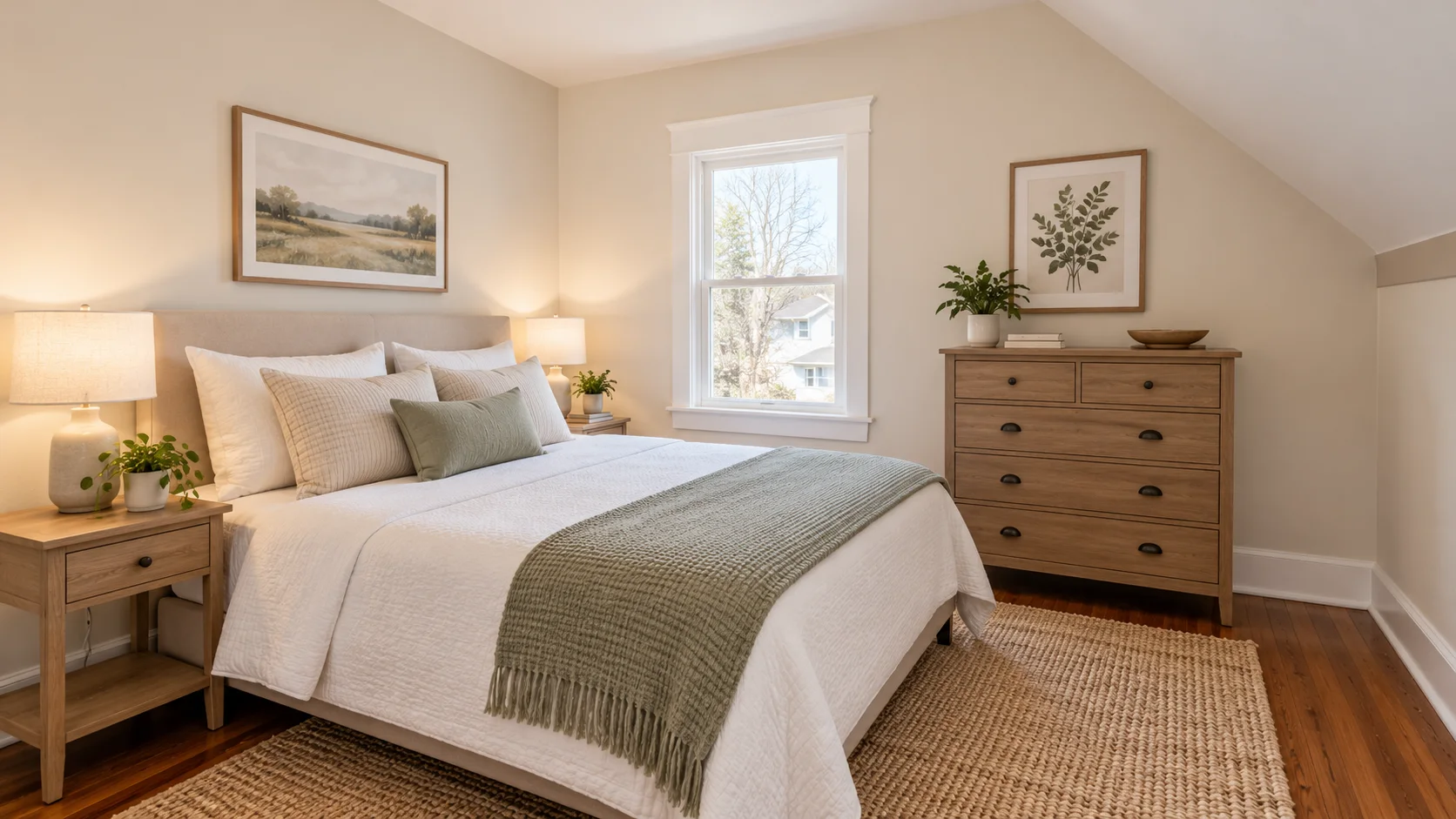 Bedroom with a wood floor, neutral bedding and coordinated wood furnishings in Bedford, Ohio