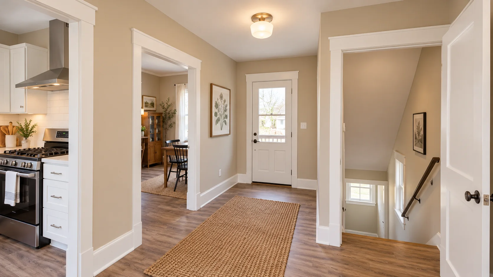Entry hall with wood flooring, white trim and an open stairway in Bedford, Ohio