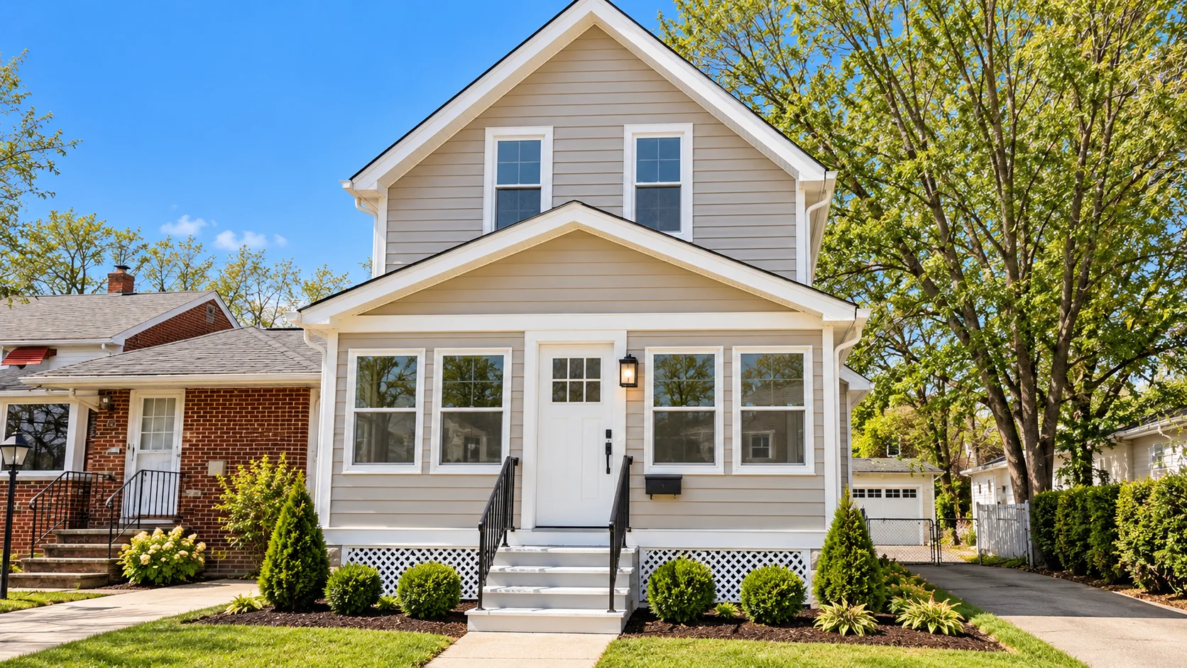 Front entry with white porch trim, steps and landscaped planting beds in Bedford, Ohio