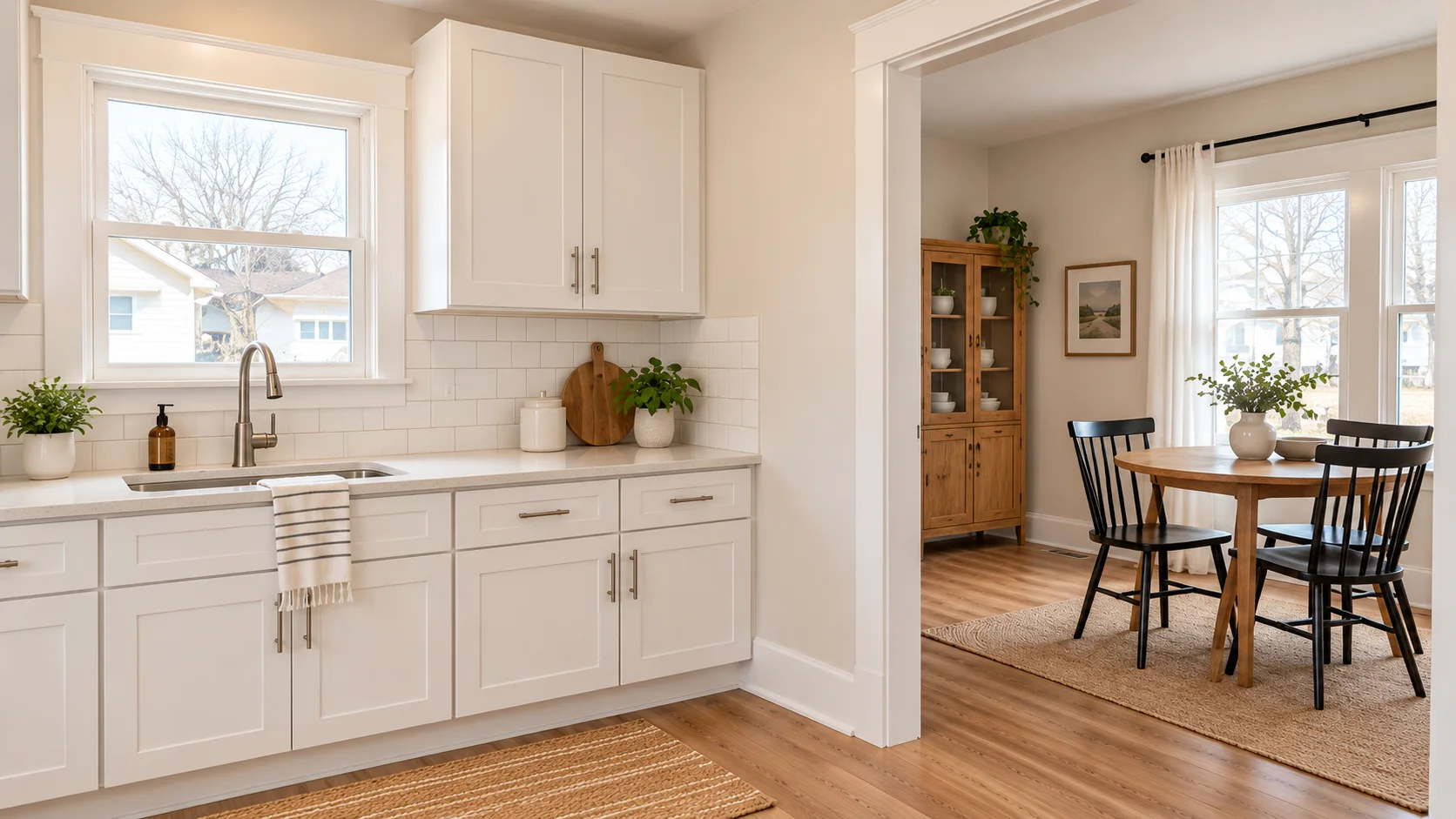 White kitchen cabinets and counters beside the dining room doorway in Bedford, Ohio