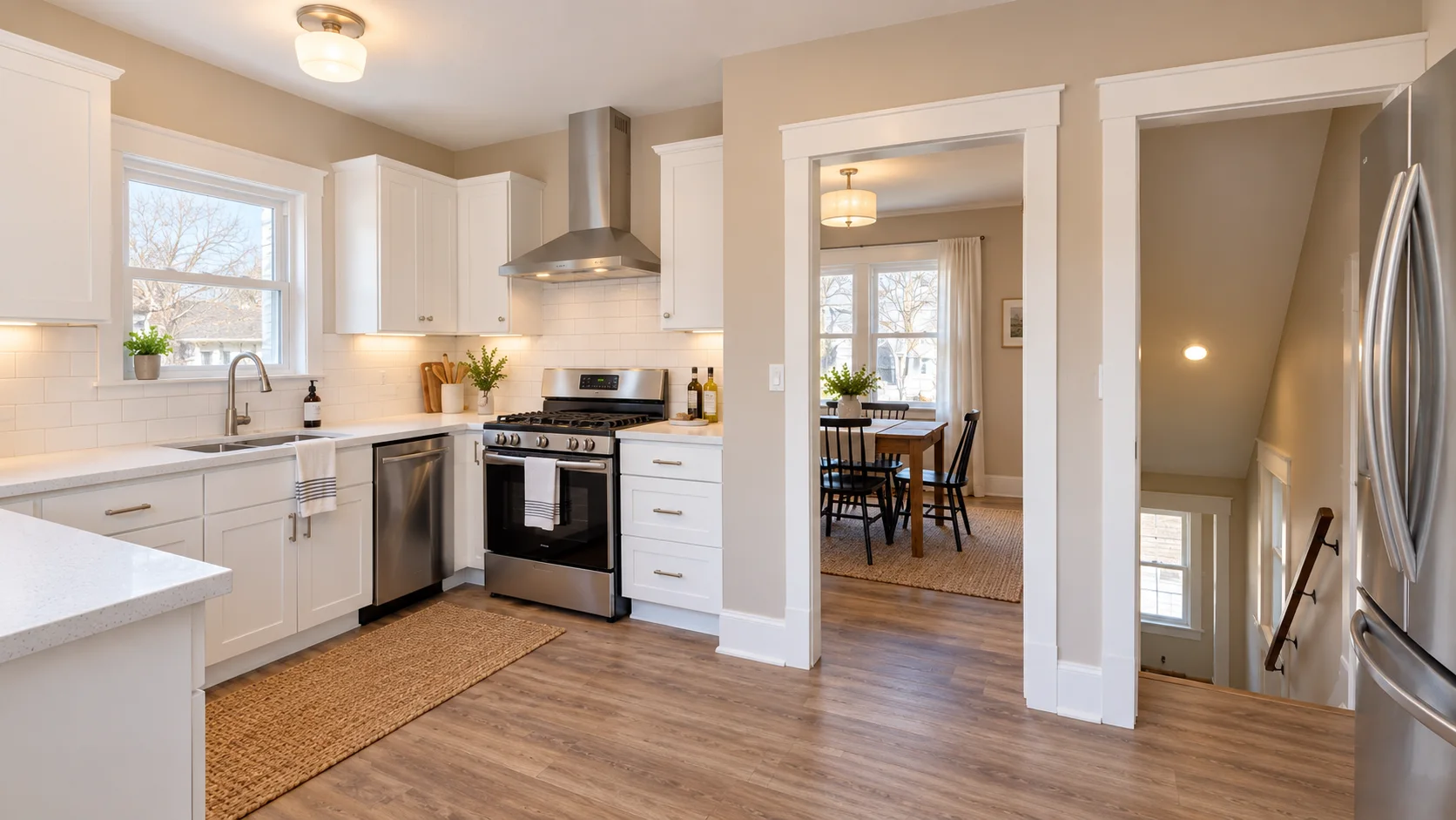 White kitchen with stainless steel appliances and an open dining doorway in Bedford, Ohio