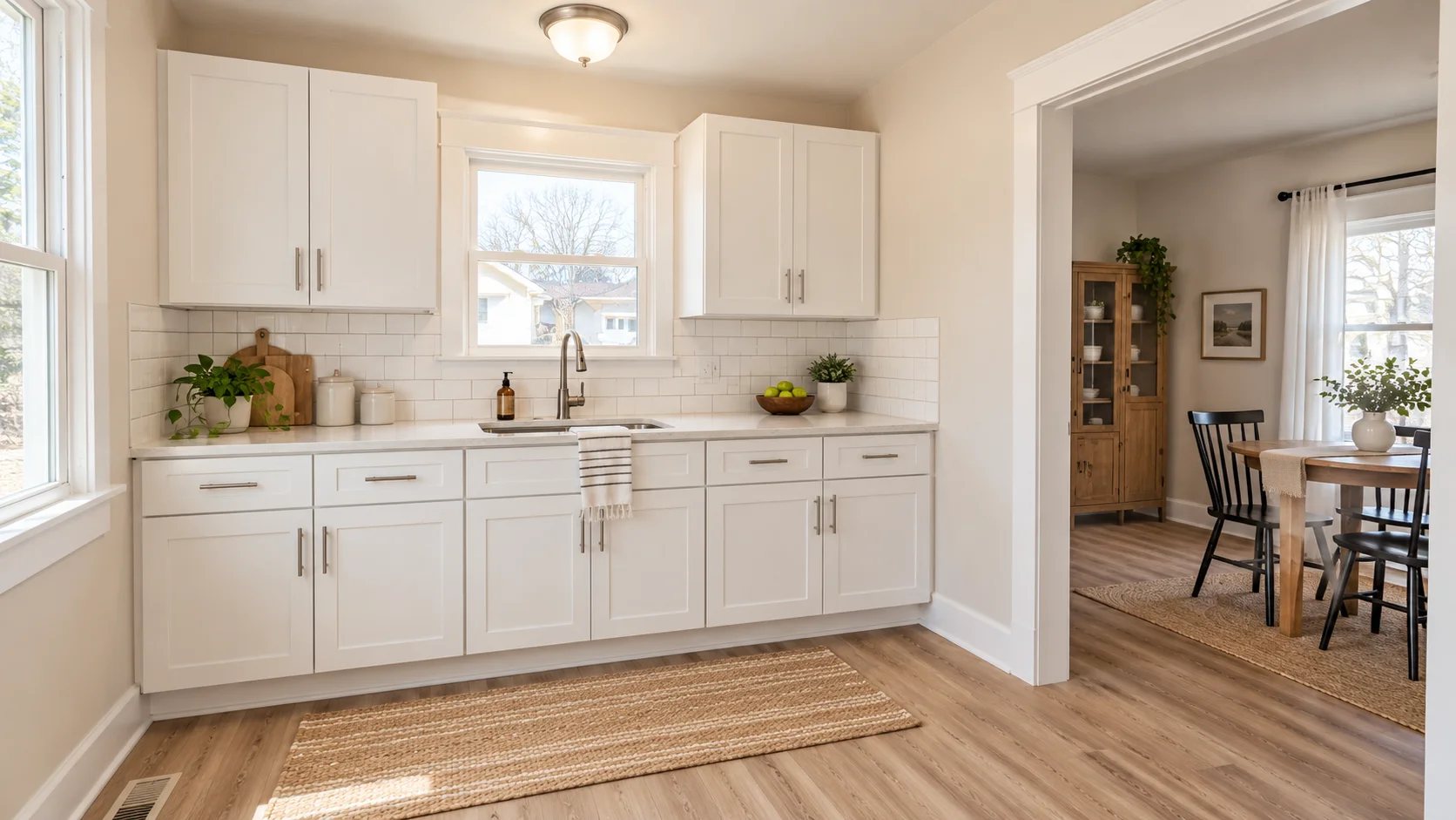 Kitchen sink wall with white cabinetry and a window above the faucet in Bedford, Ohio