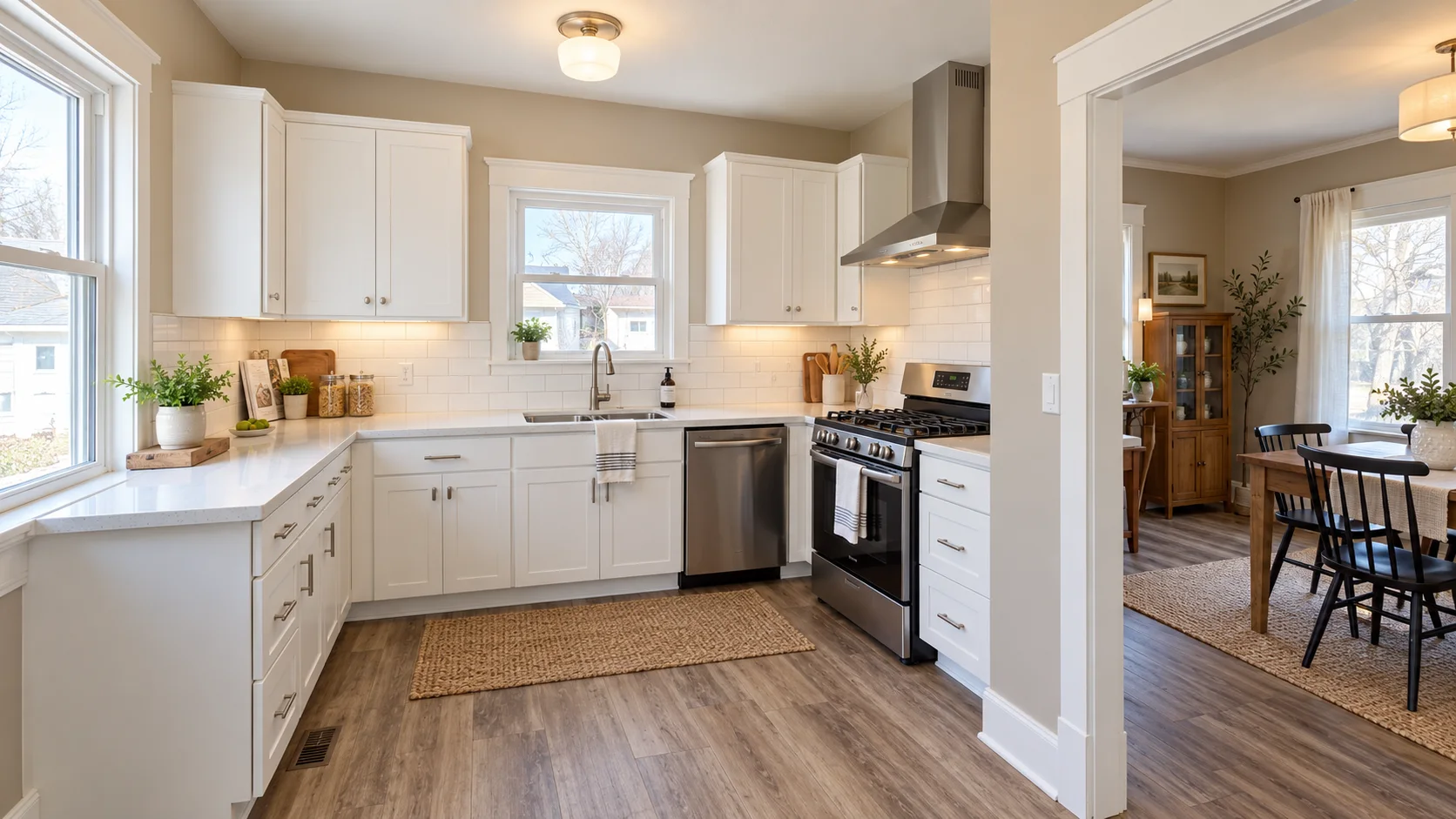 Kitchen with white cabinets, light counters and wood flooring in Bedford, Ohio