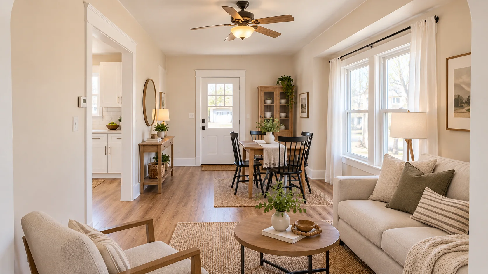 Living room looking toward the dining area and connected wood flooring in Bedford, Ohio