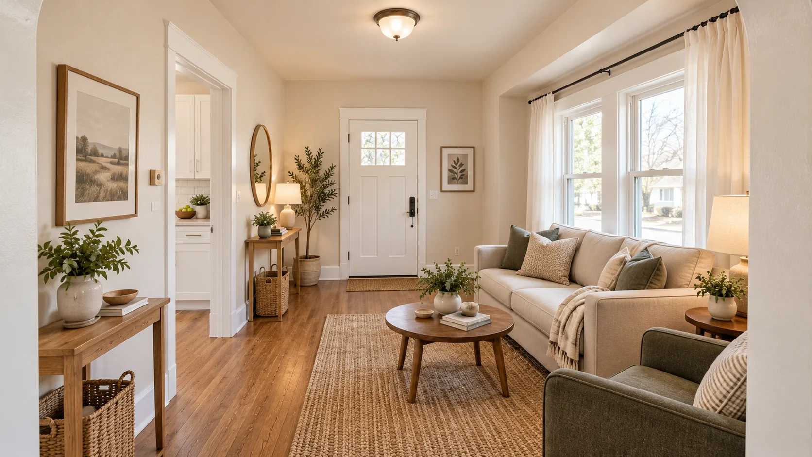 Living room with white window trim and a view of the front door in Bedford, Ohio