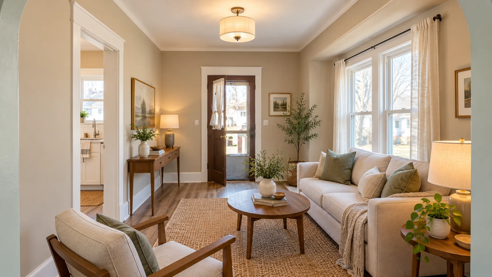 Living room with tall front windows, wood flooring and neutral seating in Bedford, Ohio