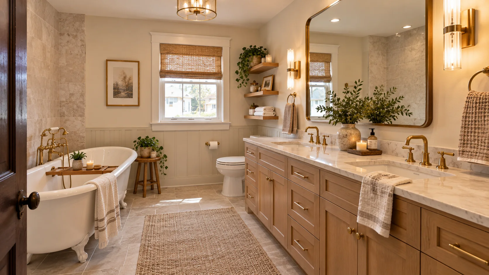 Bathroom with a wood double vanity, freestanding tub and glass shower in Strongsville, Ohio