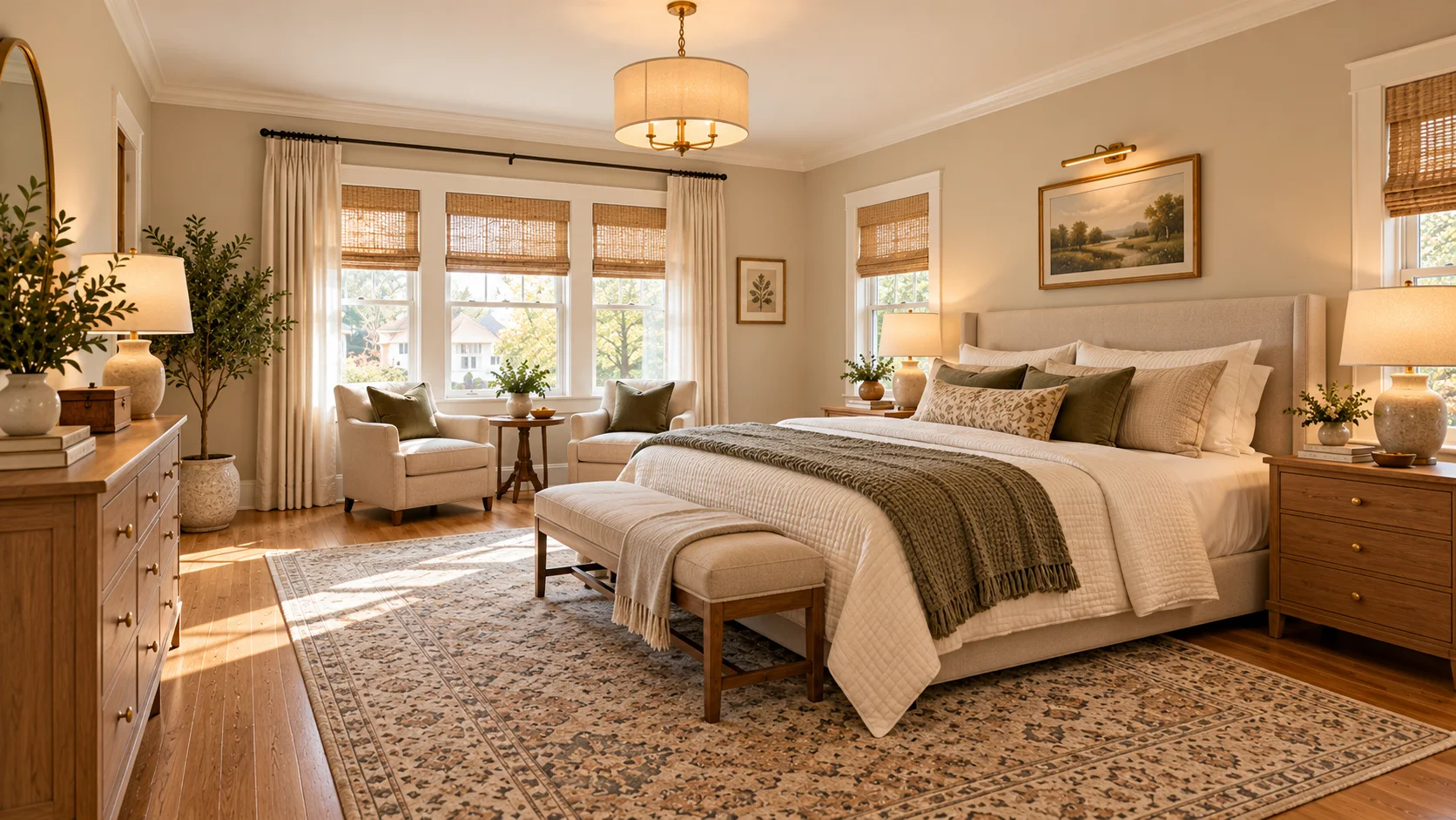 Bedroom with wood flooring, patterned rug and white window trim in Strongsville, Ohio