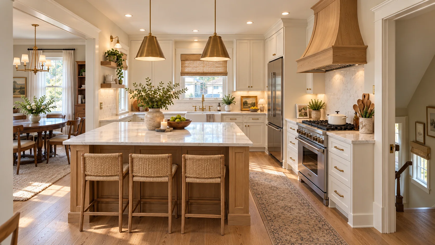 Kitchen with white cabinetry, a wood island and pendant lighting in Strongsville, Ohio