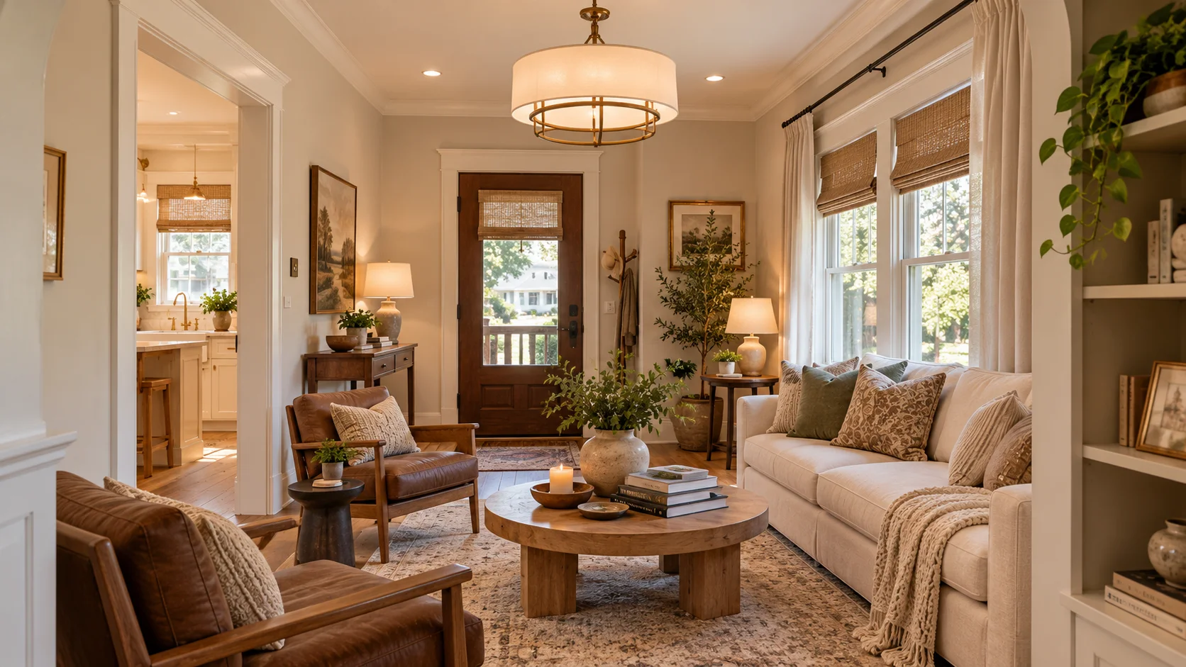 Living room with a fireplace, built-in shelves and warm wood furnishings in Strongsville, Ohio