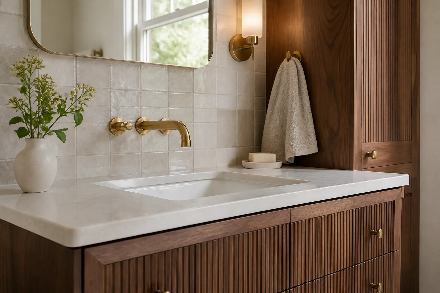 Fluted walnut bathroom vanity with a stone counter and wall-mounted brass faucet