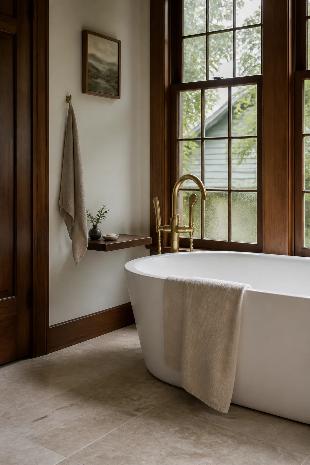 Bathroom remodel with a freestanding tub, restored wood windows and limestone flooring