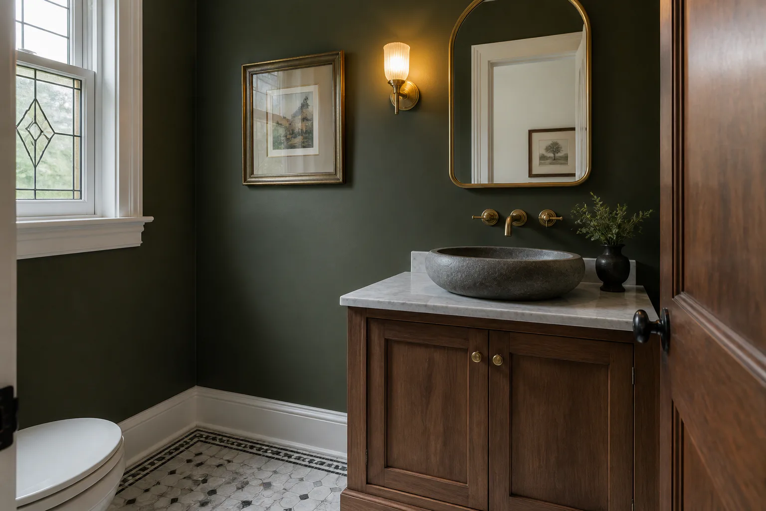 Deep green powder room remodel with a stone vessel sink and walnut vanity