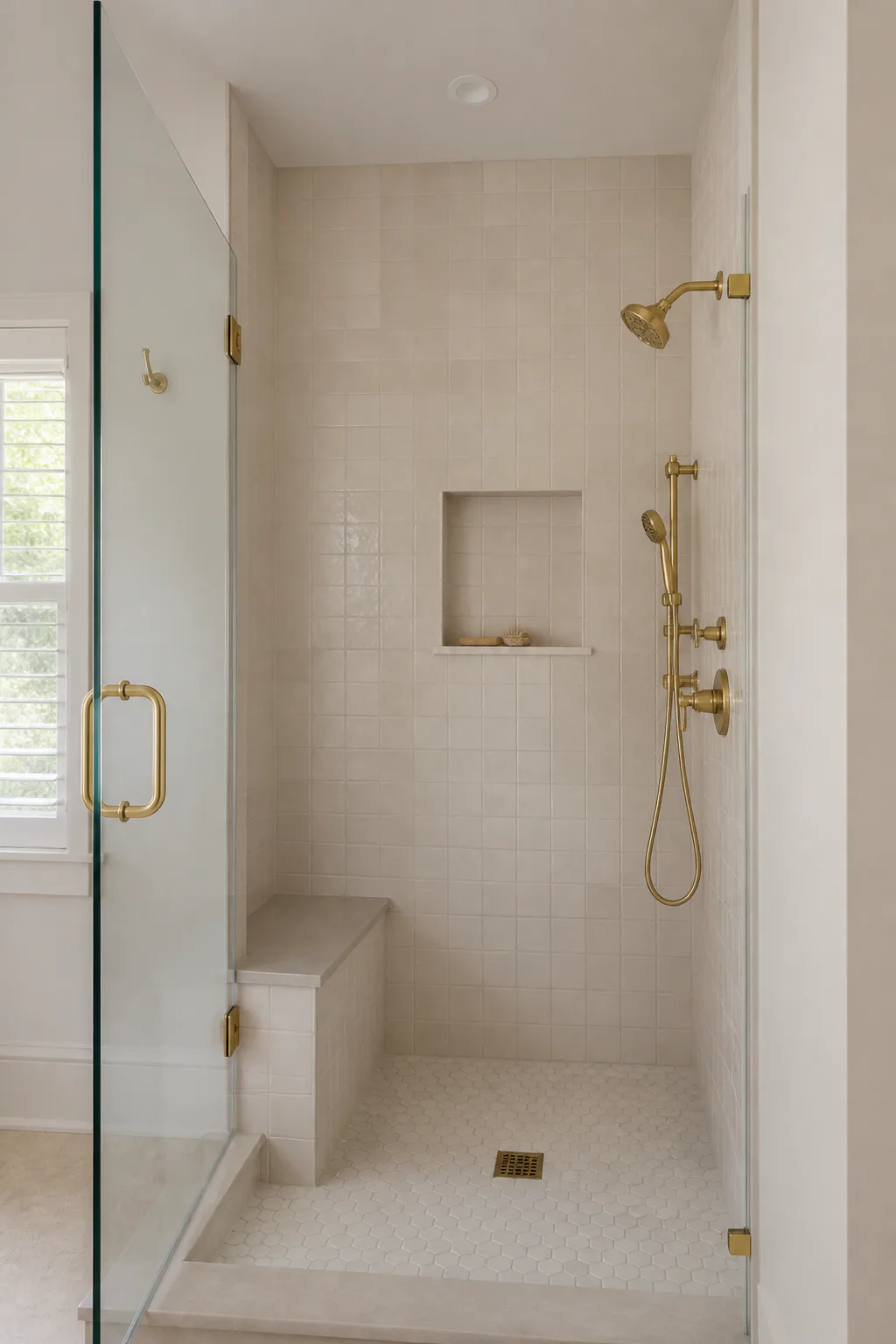 Walk-in shower remodel with warm ivory tile, a recessed niche and brass fixtures