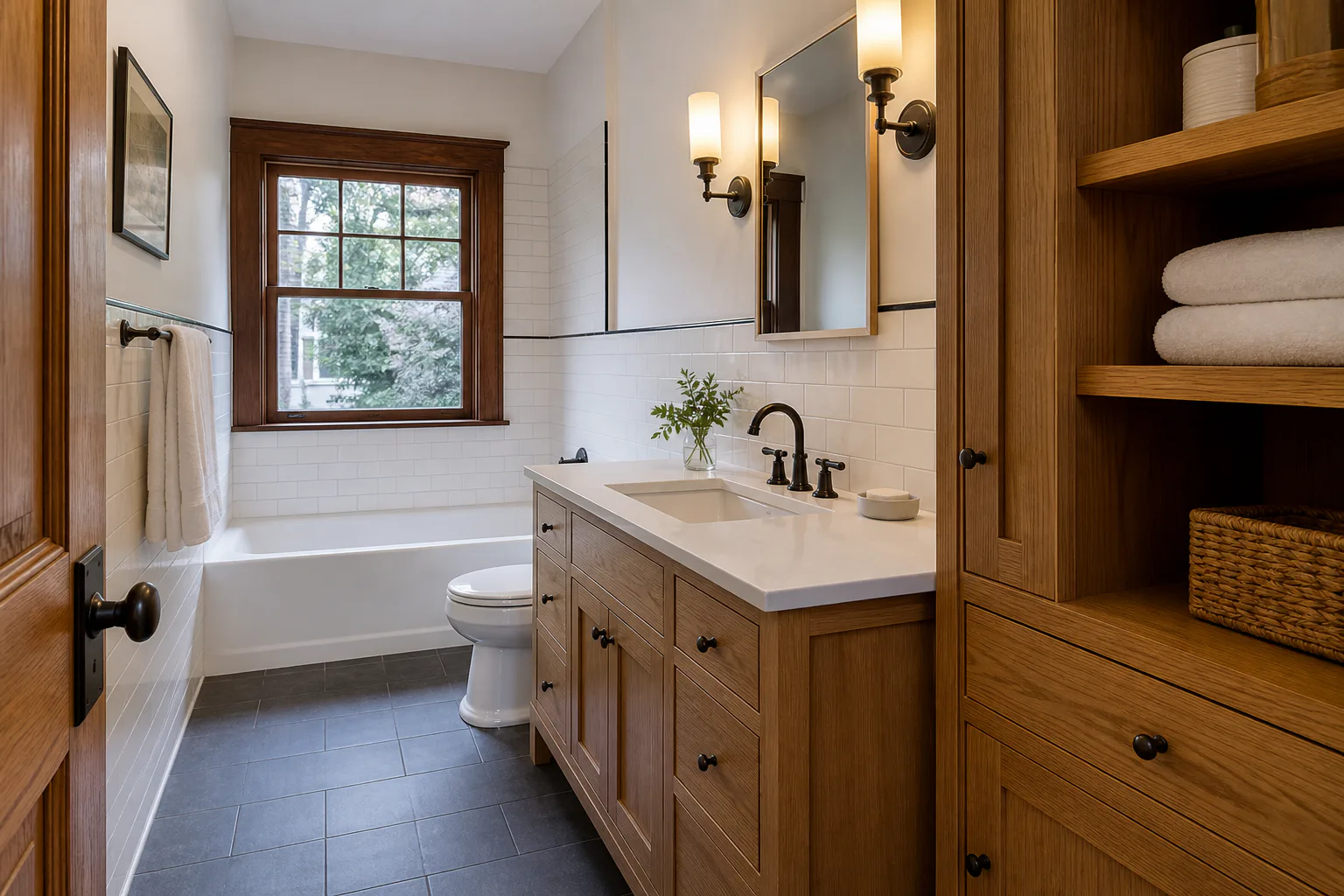 Older-home bathroom remodel with a soaking tub, oak vanity and charcoal floor tile