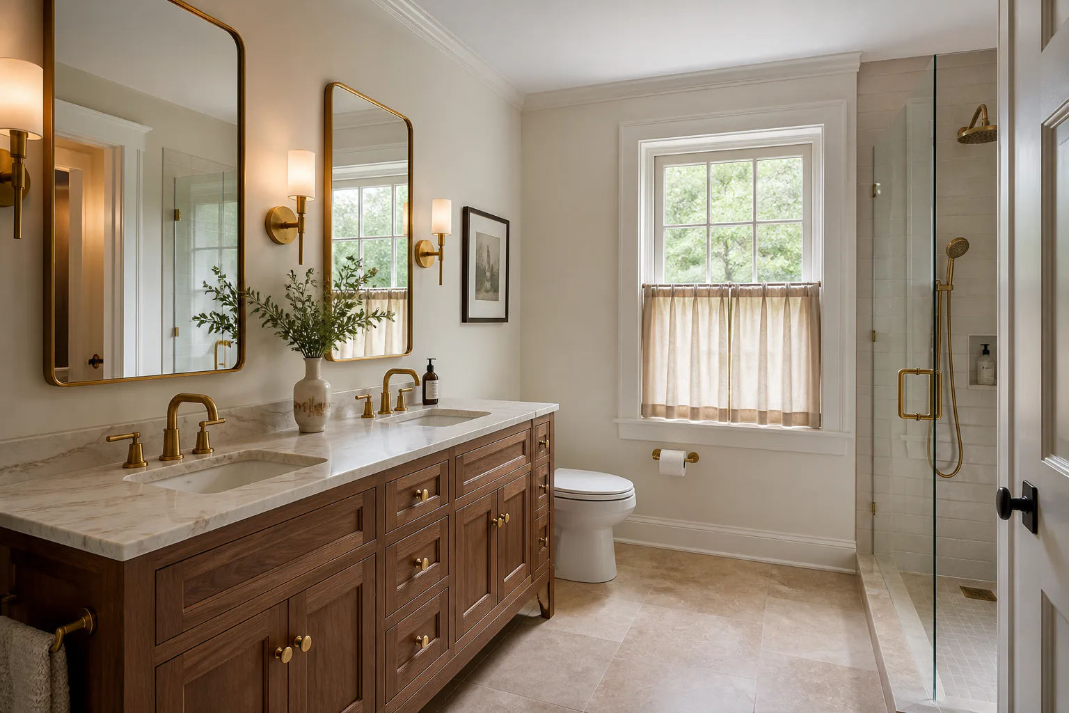 Primary bathroom remodel with a walnut double vanity, stone floor and frameless glass shower
