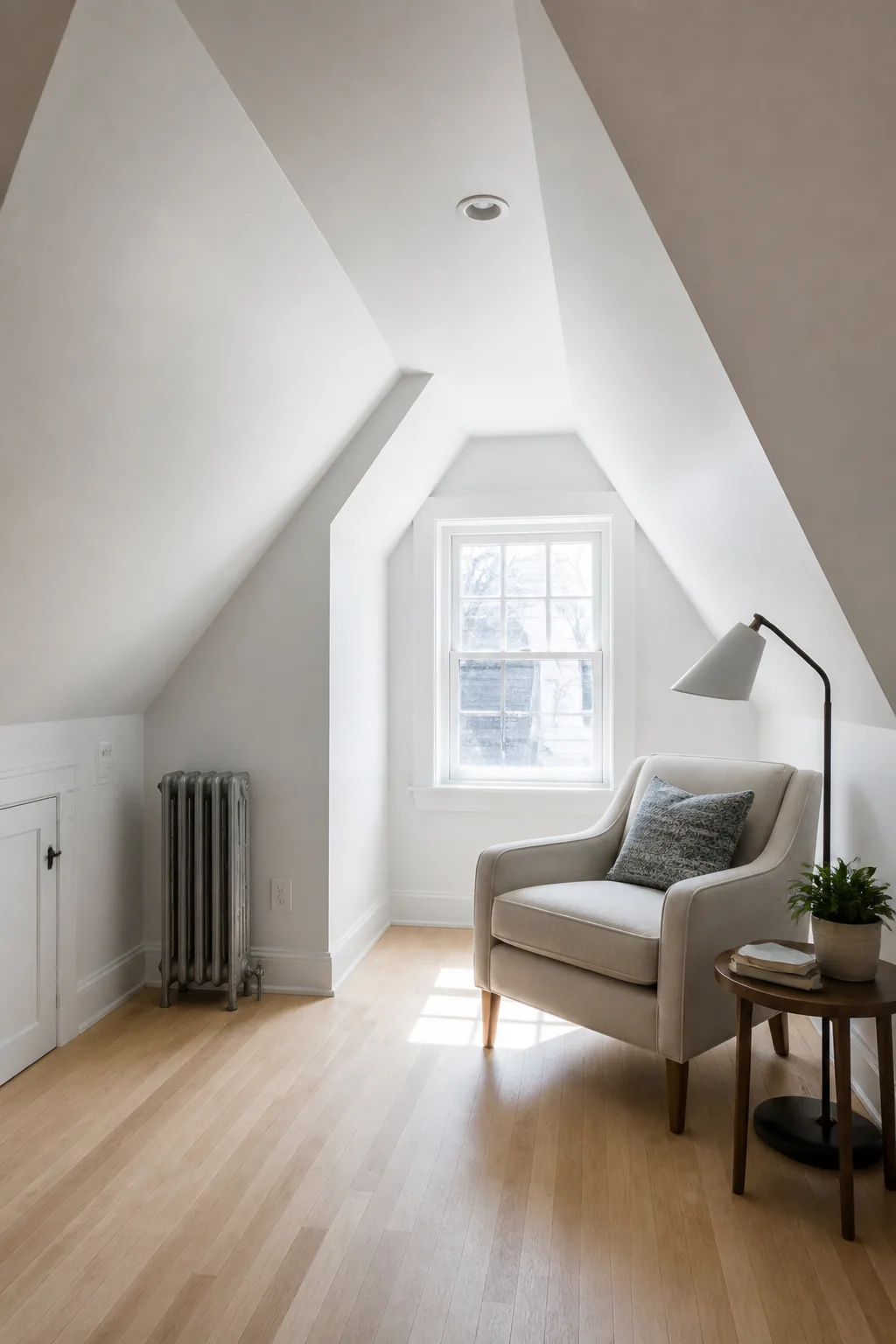 Attic conversion drywall installation with crisp sloped ceilings and knee walls