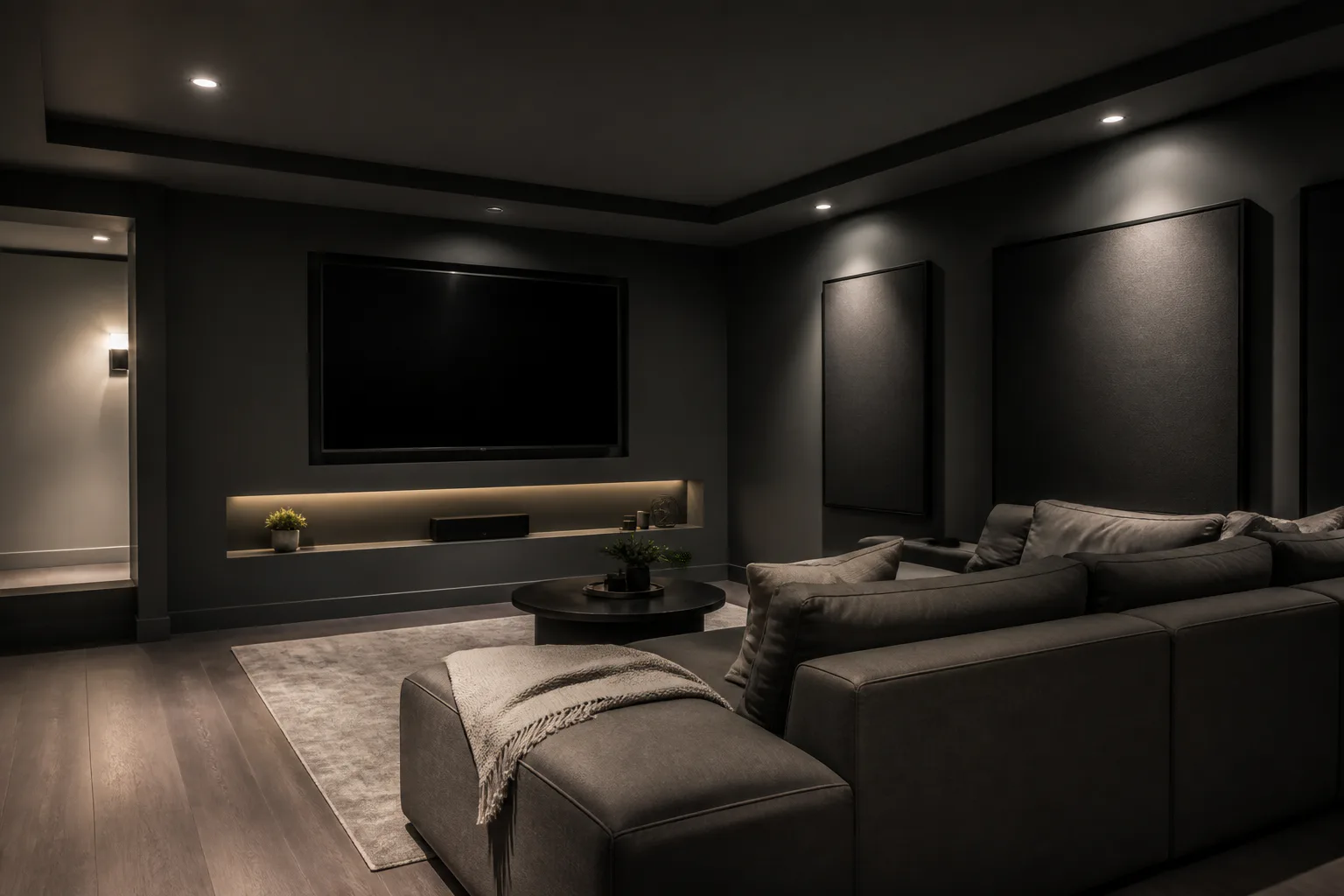 Basement media room drywall finishing with smooth charcoal walls and a recessed niche