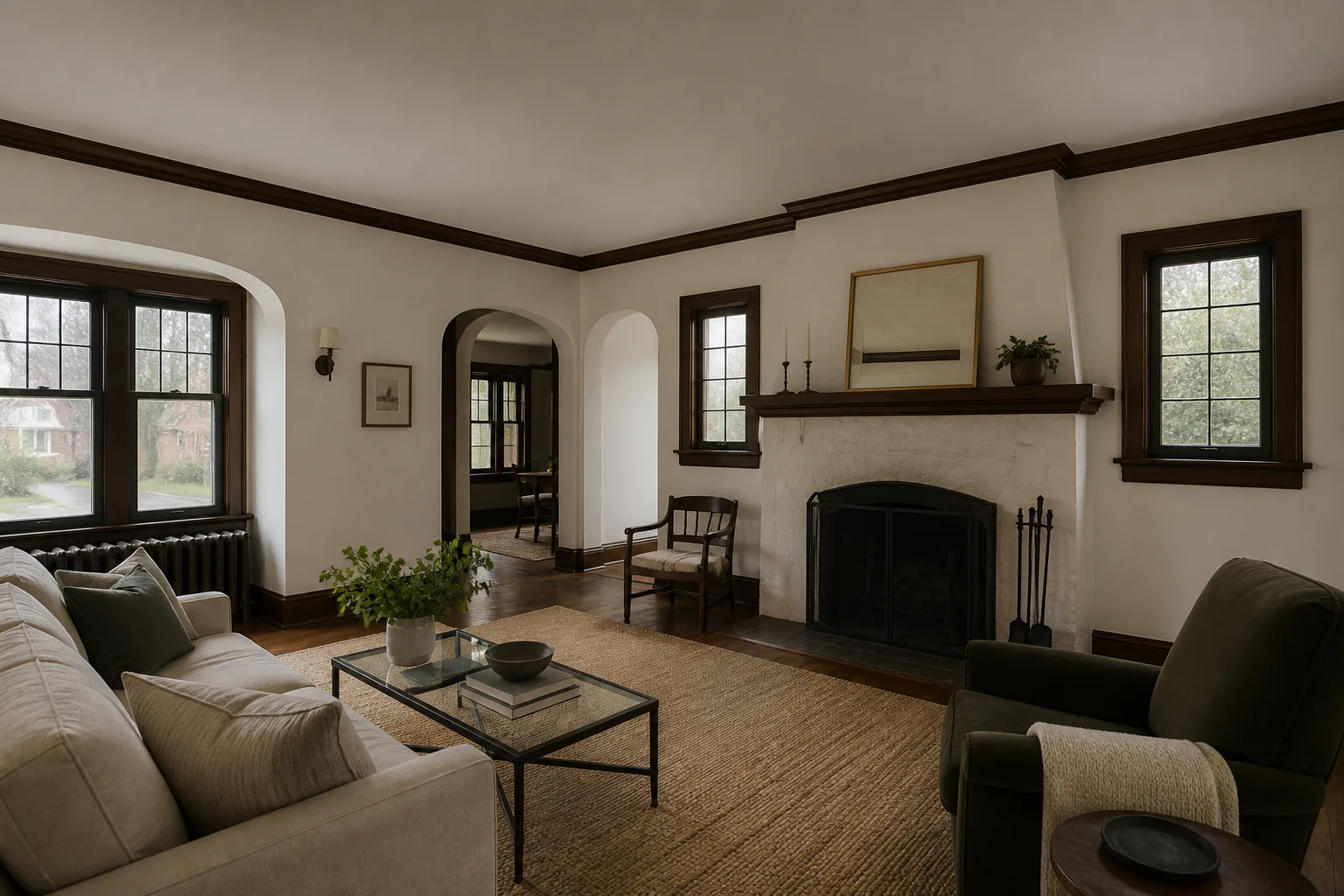 Tudor living room drywall repair with smooth walls around original trim and arches