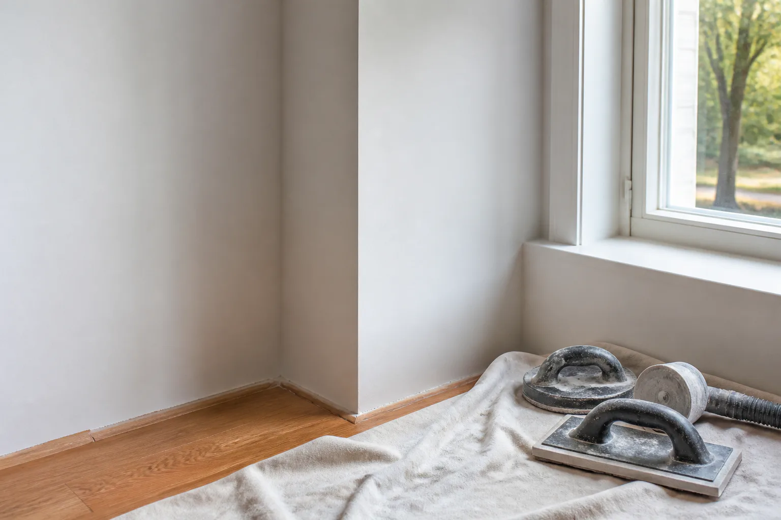Drywall finishing detail at a clean corner and window return with a protected floor